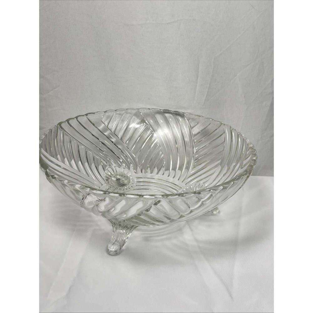 Anchor Hocking 1940s Prismatic Swirl Depression Glass 3 Footed Bowl 8.5" VTG